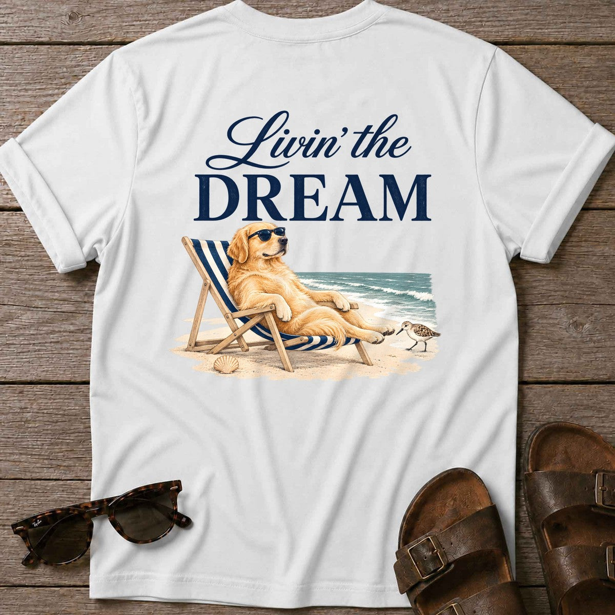 Livin' the Dream Golden Retriever Back Design T-Shirt in White, Salty Paws coastal t-shirt
