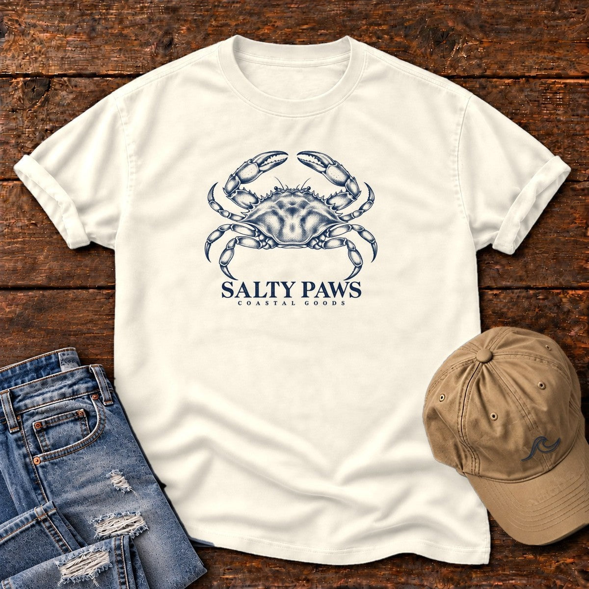 Blue Crab Coastal Goods T-Shirt in Ivory, Salty Paws Comfort Colors T-Shirt, front design flat lay