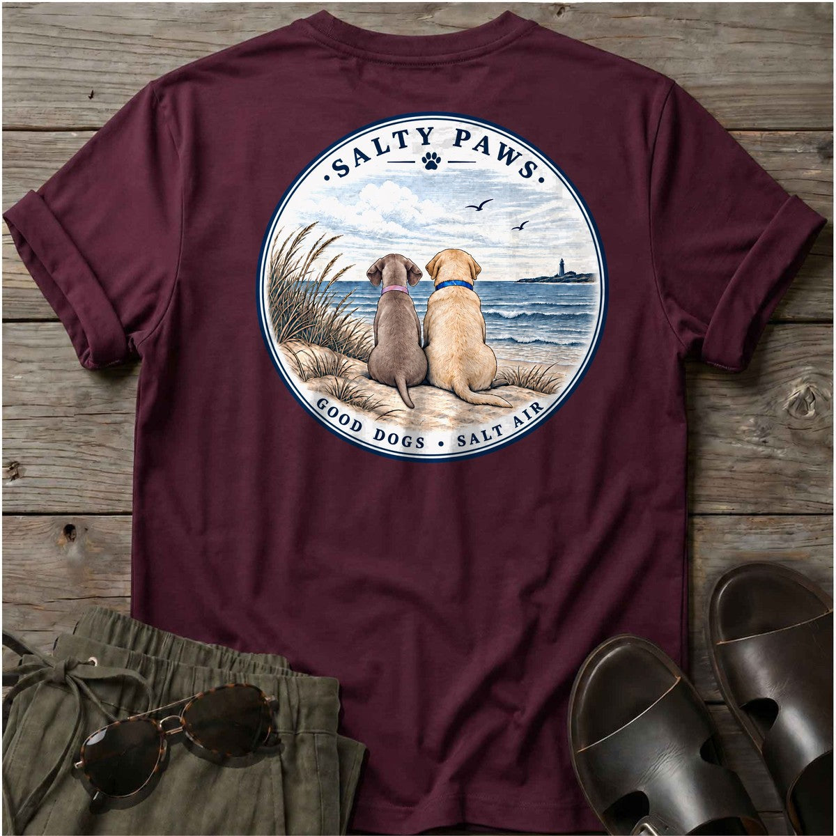 BEACH Pelican Weim & Labrador BACK T-Shirt in Maroon, Salty Paws coastal t-shirt