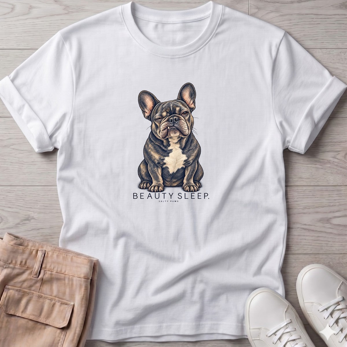 Beauty Sleep French Bulldog T-Shirt in White, Salty Paws T-Shirt, front design flat lay
