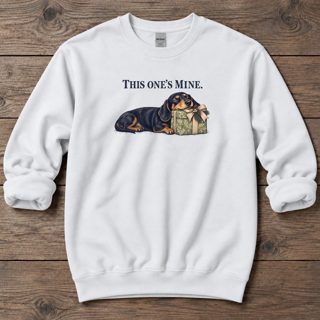 This One's Mine Dachshund Midweight Sweatshirt in White, Salty Paws Midweight Sweatshirt, front design flat lay