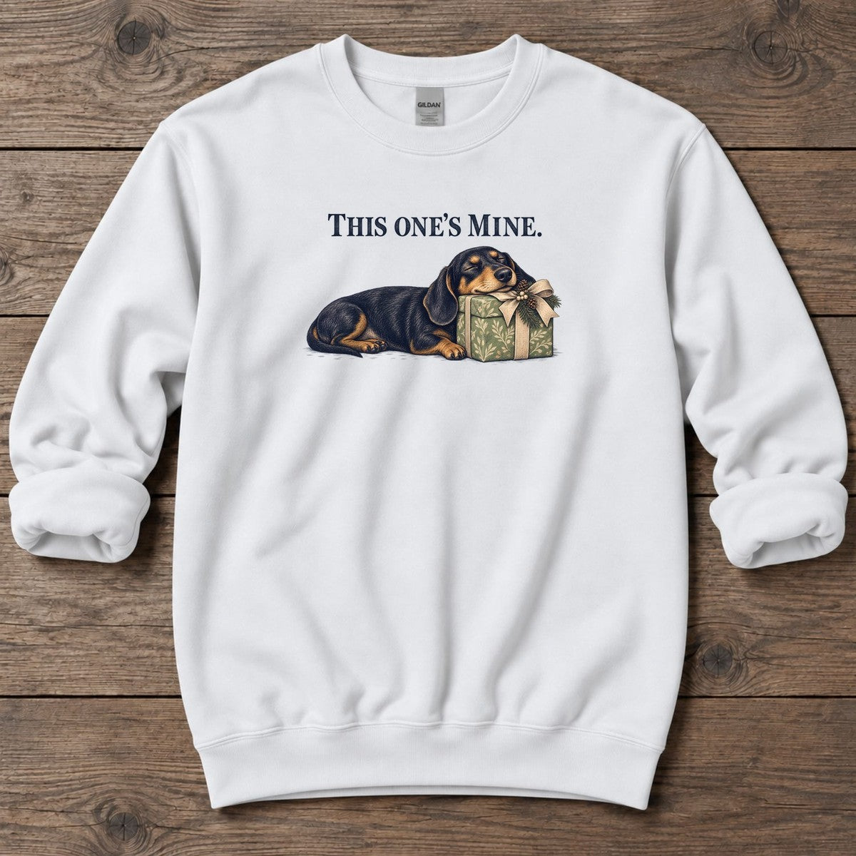 This One's Mine Dachshund Midweight Sweatshirt in White, Salty Paws Midweight Sweatshirt, front design flat lay