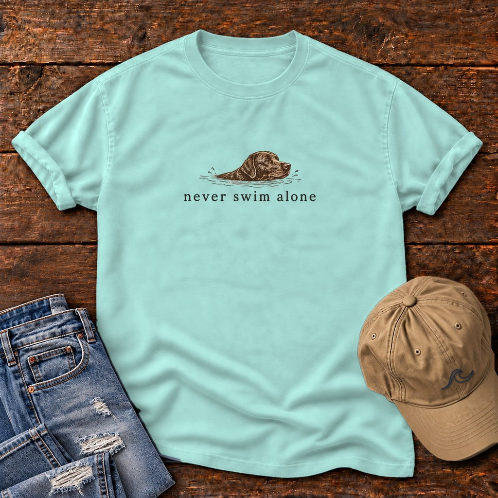 Never Swim Alone Chocolate Lab Comfort Colors T-Shirt in Chalky Mint, front design flat lay