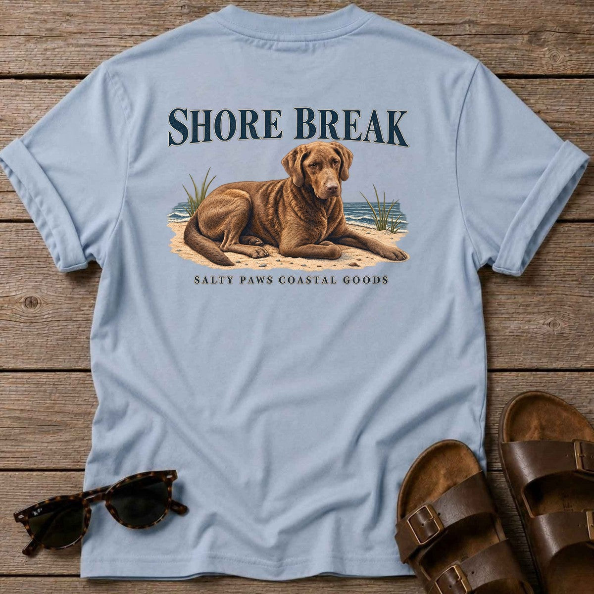 Shore Break Chesapeake Bay Retriever Back Design T-Shirt in Light Blue, Salty Paws coastal t-shirt