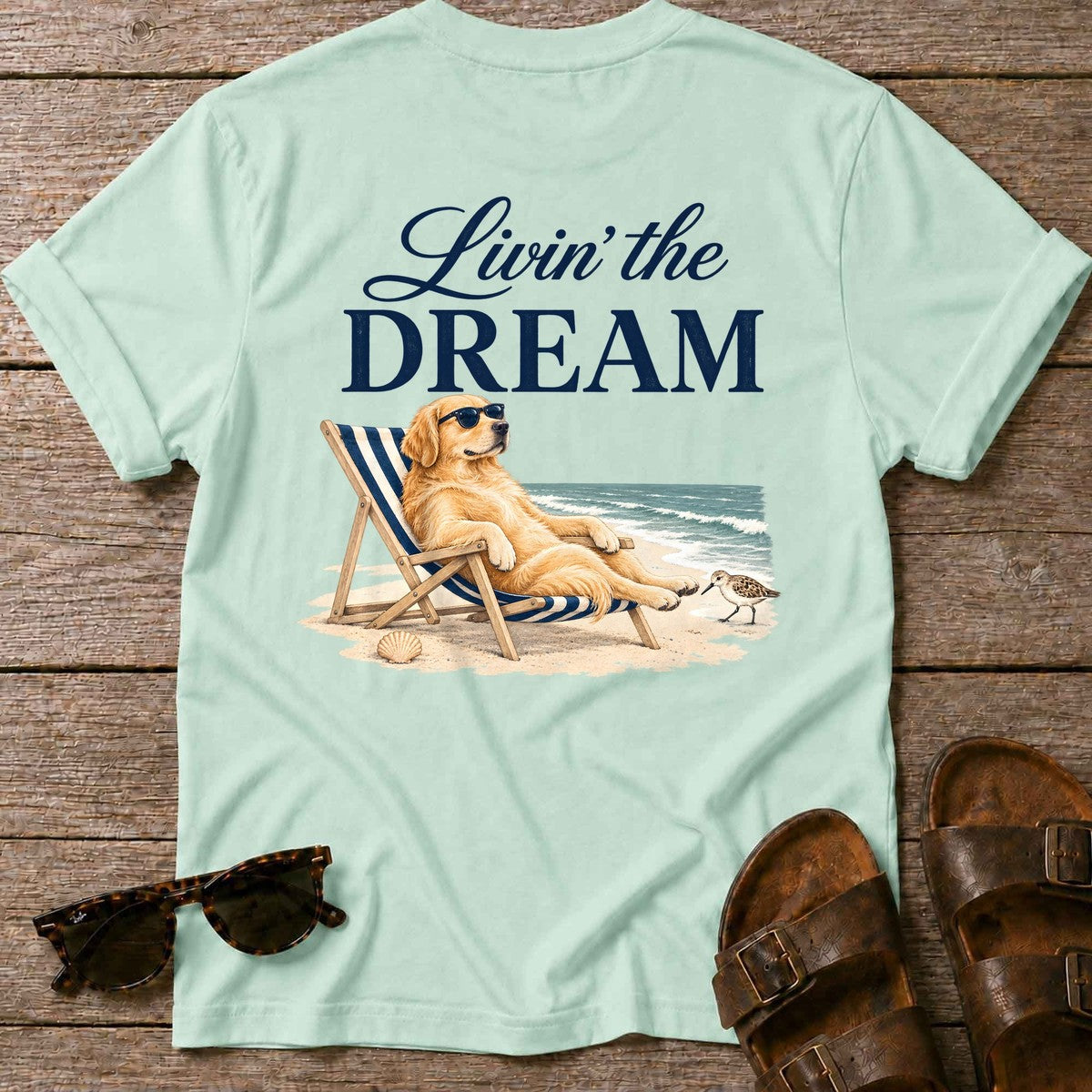 Livin' the Dream Golden Retriever Back Design T-Shirt in Mint Green, Salty Paws coastal t-shirt