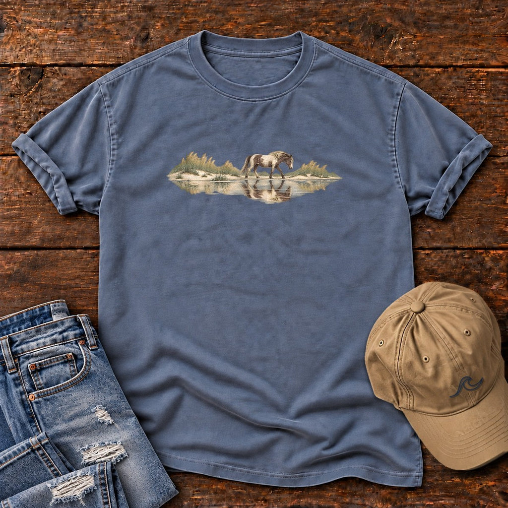 Assateague Pony T-Shirt in Blue Jean, Salty Paws Comfort Colors T-Shirt, front design flat lay