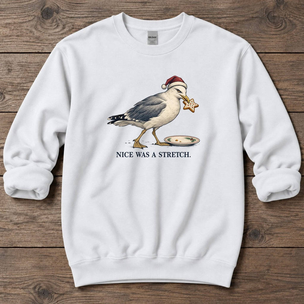 Nice Was a Stretch Seagull Midweight Sweatshirt in White, Salty Paws Midweight Sweatshirt, front design flat lay