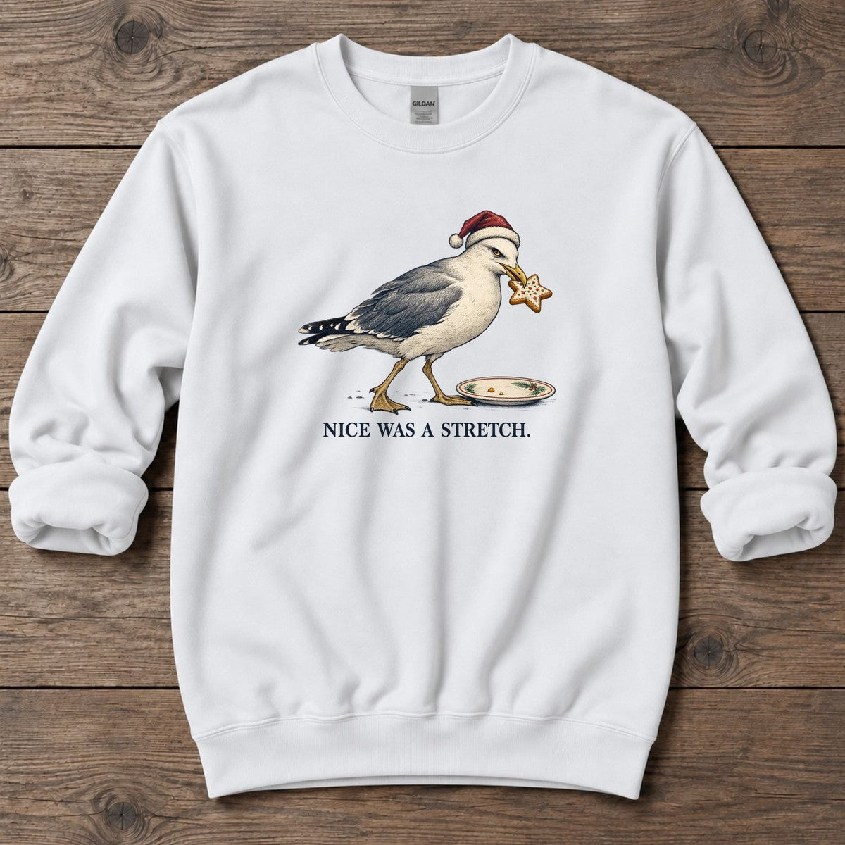Nice Was a Stretch Seagull Midweight Sweatshirt in White, Salty Paws Midweight Sweatshirt, front design flat lay