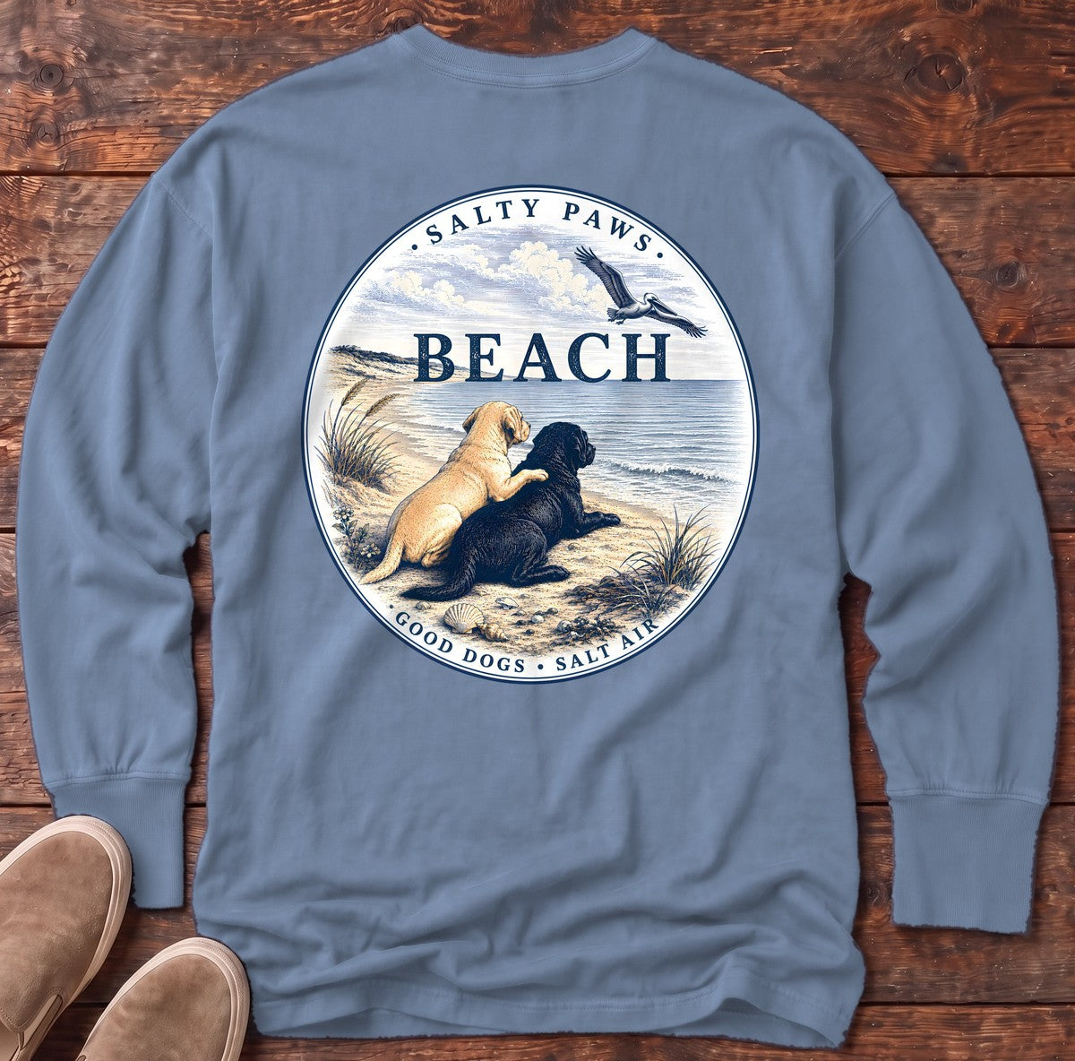 BEACH Pelican Labradors Back Design Long Sleeve Tee in Blue Jean, Salty Paws Comfort Colors long sleeve tee