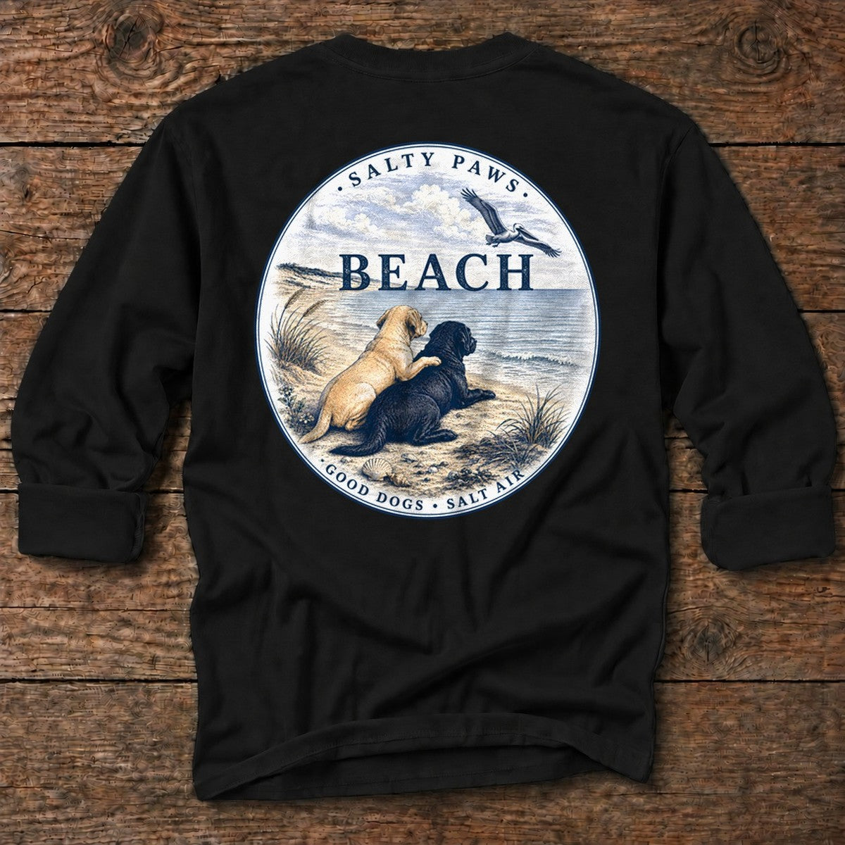 BEACH Pelican Labradors Back Design Long Sleeve Tee in Black, Salty Paws coastal tee