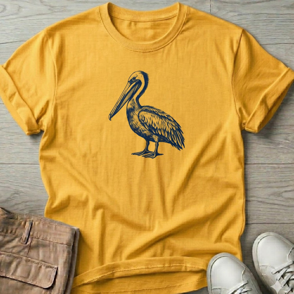 Navy Pelican Portrait T-Shirt in Daisy, Salty Paws T-Shirt, front design flat lay