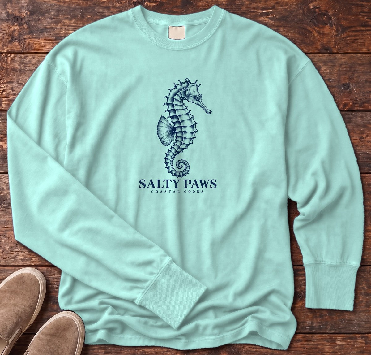 Seahorse Coastal Goods Long Sleeve Tee in Chalky Mint, Salty Paws Comfort Colors Long Sleeve Tee, front design flat lay