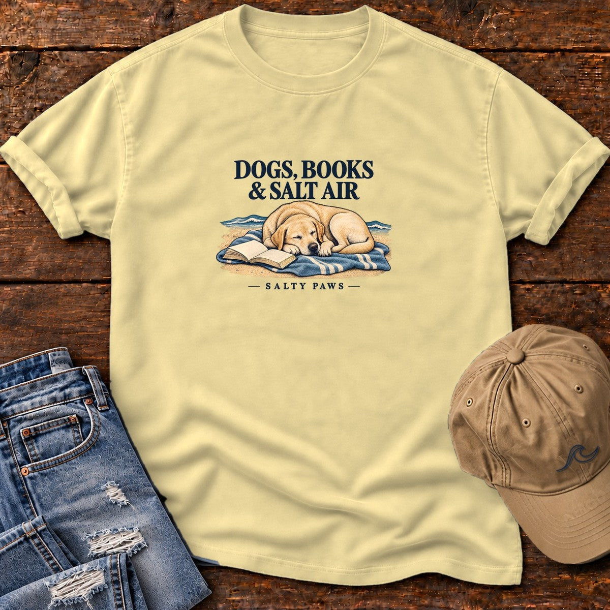 Dogs, Books & Salt Air Yellow Lab T-Shirt in Butter, Salty Paws Comfort Colors T-Shirt, front design flat lay