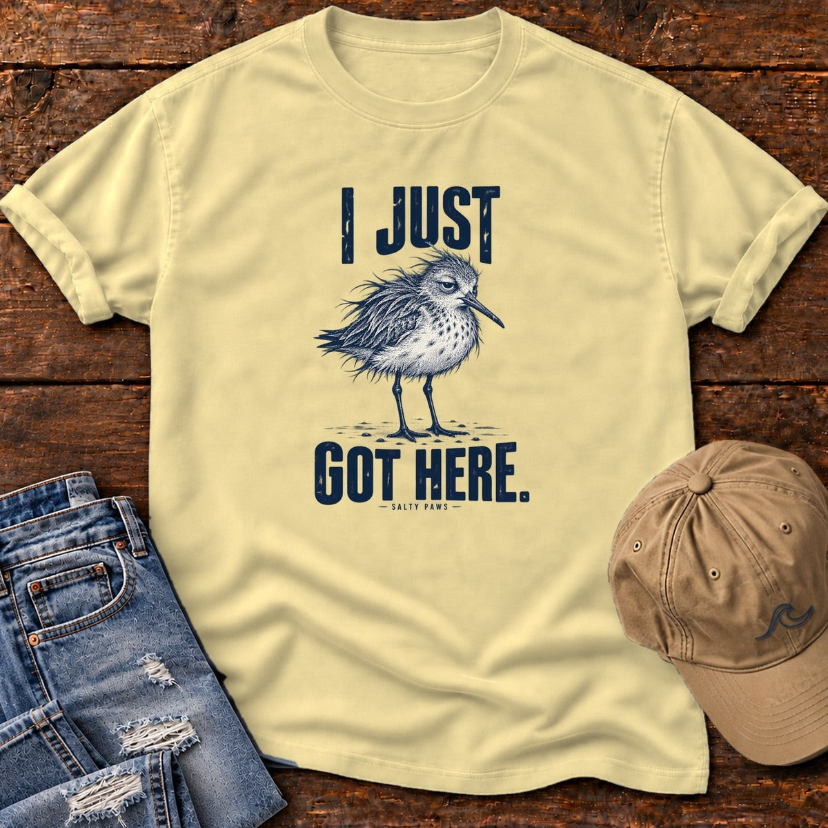 I Just Got Here Sandpiper T-Shirt in Butter, Salty Paws Comfort Colors T-Shirt, front design flat lay