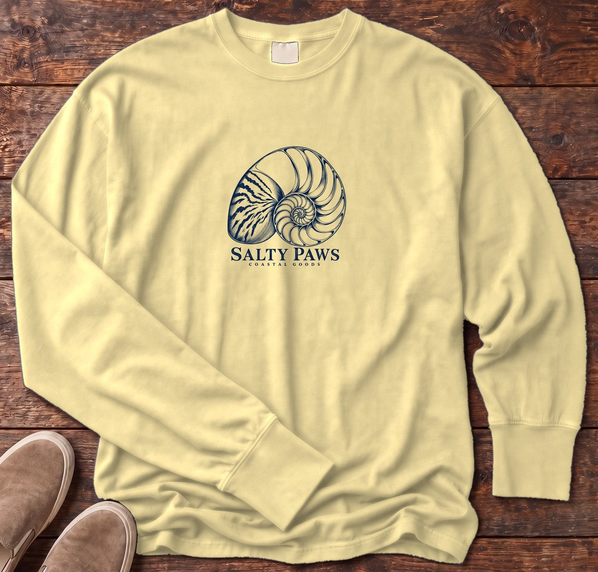 Nautilus Shell Long Sleeve Tee in Butter, Salty Paws Comfort Colors Long Sleeve Tee, front design flat lay