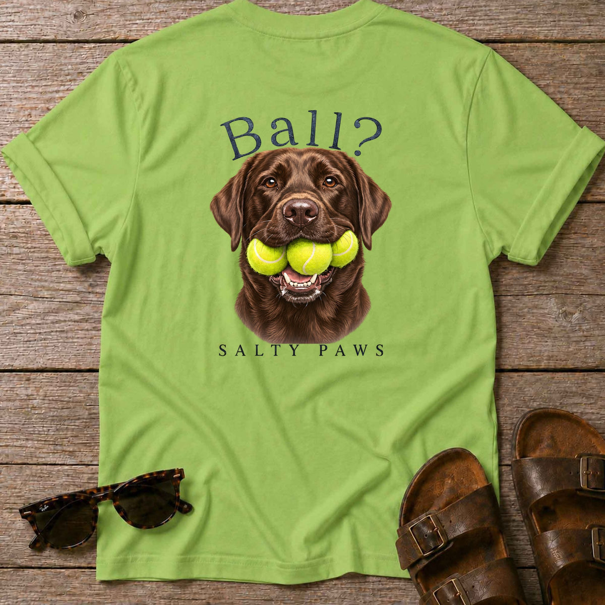 Ball? Chocolate Lab Back Design T-Shirt in Kiwi, back design flat lay