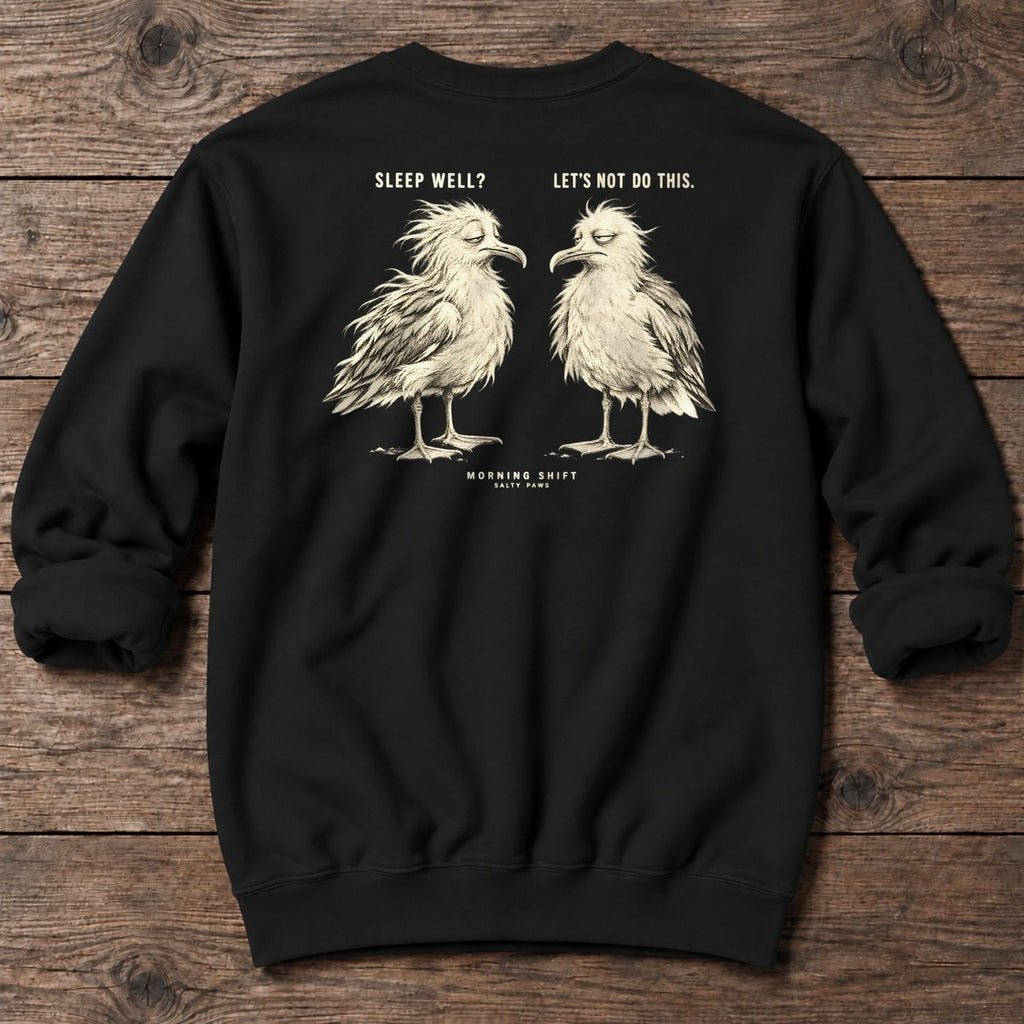Morning Shift Gulls Back Design Midweight Sweatshirt in Black, Salty Paws Midweight Sweatshirt, back design flat lay