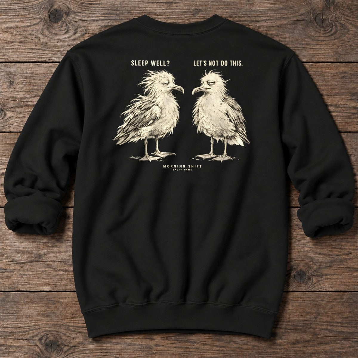 Morning Shift Gulls Back Design Midweight Sweatshirt in Black, Salty Paws Midweight Sweatshirt, back design flat lay