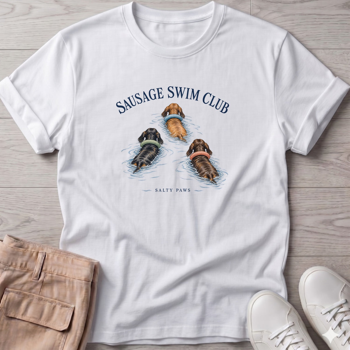 Sausage Swim Club Dachshund Trio T-Shirt in White, Salty Paws T-Shirt, front design flat lay