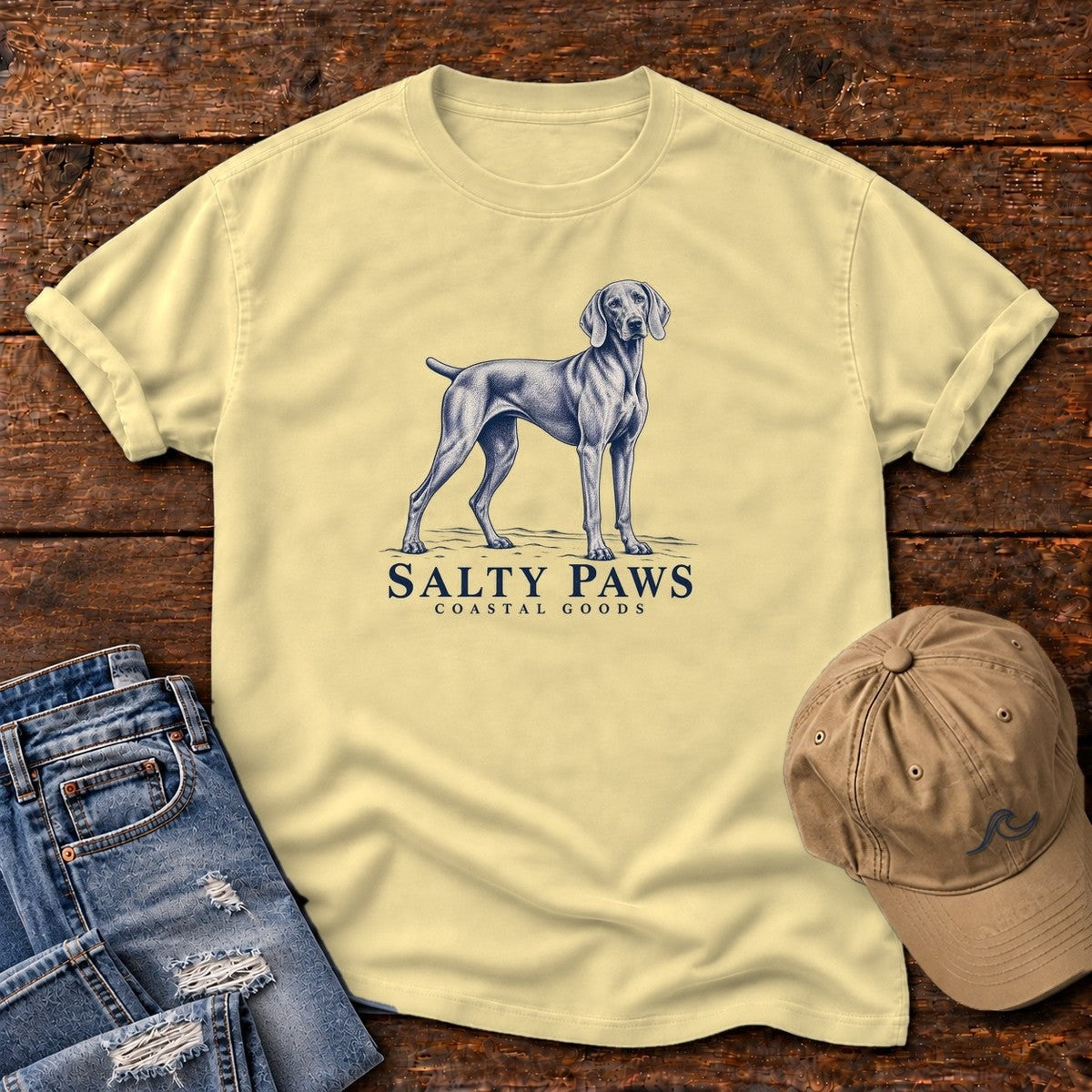 Weimaraner Coastal Goods T-Shirt in Butter, Salty Paws Comfort Colors T-Shirt, front design flat lay