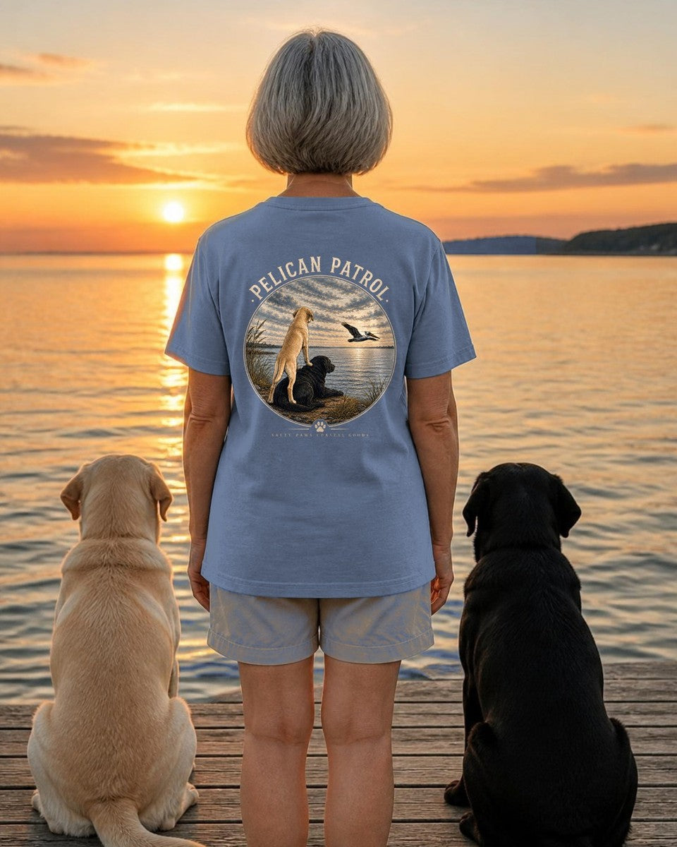 Pelican Patrol Labradors Comfort Colors T-Shirt in Blue Jean, worn by a model