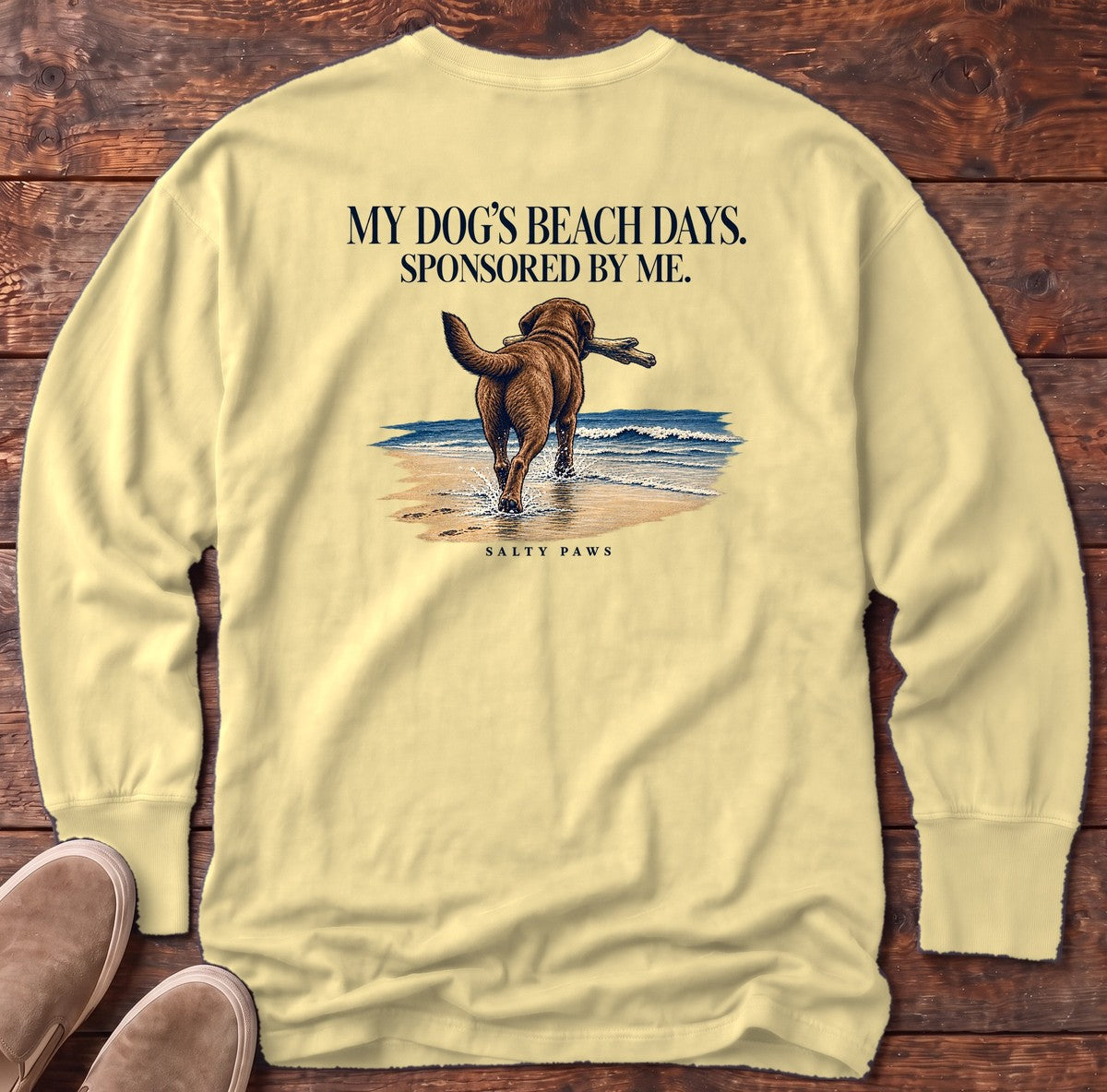 Beach Days Sponsored by Me Chocolate Lab Back Design Long Sleeve Tee in Butter, Salty Paws Comfort Colors Long Sleeve Tee, back design flat lay