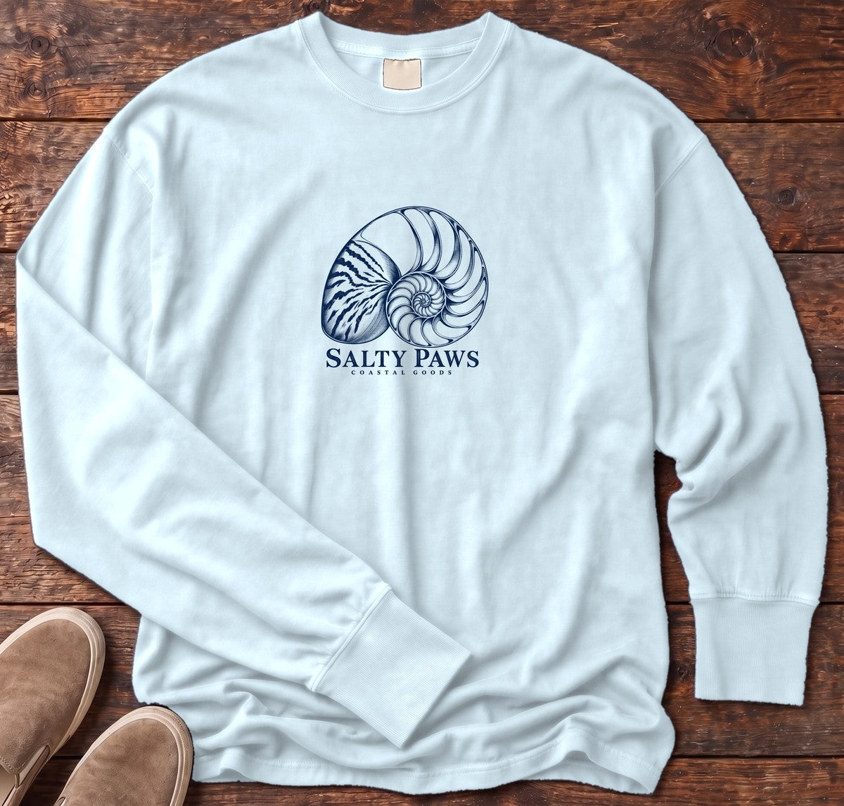 Nautilus Shell Long Sleeve Tee in Chambray, Salty Paws Comfort Colors Long Sleeve Tee, front design flat lay