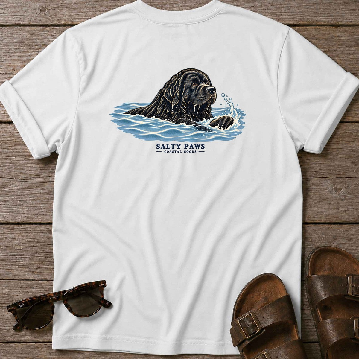 Swimming Newfoundland Back Design T-Shirt in White, Salty Paws T-Shirt, back design flat lay