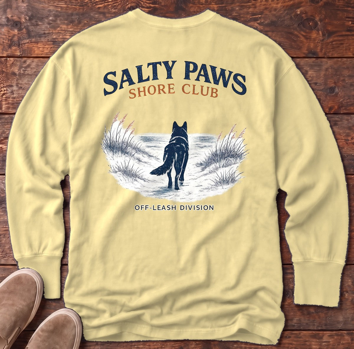 SP Shore Shepherd Back Design Long Sleeve Tee in Butter, Salty Paws Comfort Colors long sleeve tee