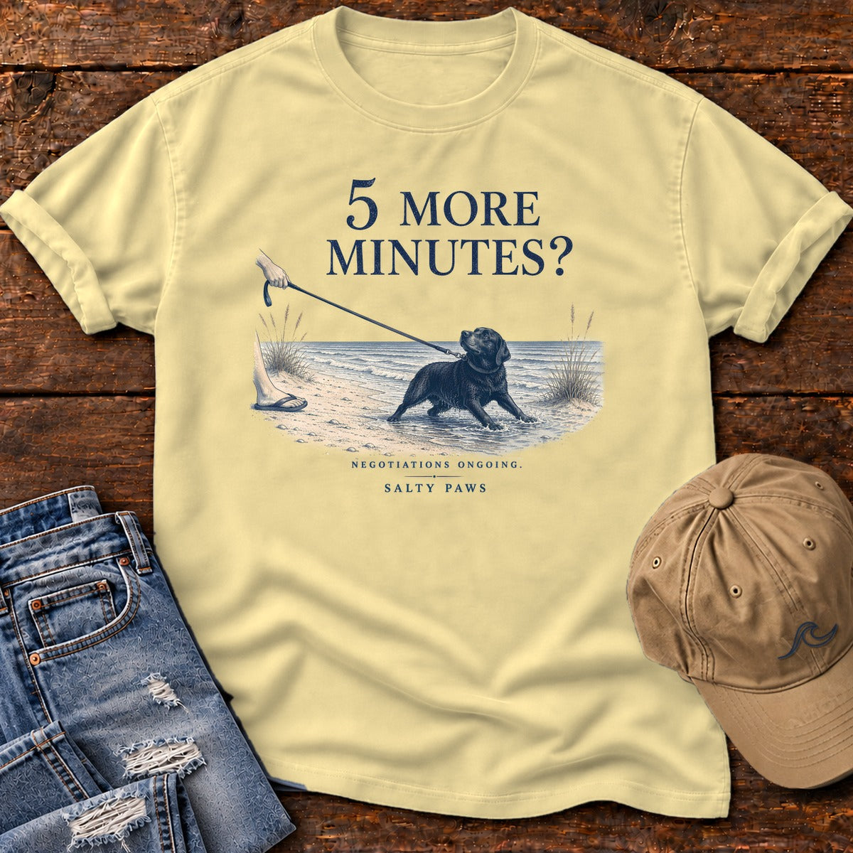 5 More Minutes? Labrador Comfort Colors T-Shirt in Butter, front design flat lay