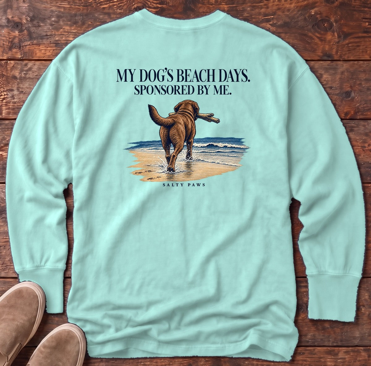 Beach Days Sponsored by Me Chocolate Lab Back Design Long Sleeve Tee in Chalky Mint, Salty Paws Comfort Colors Long Sleeve Tee, back design flat lay