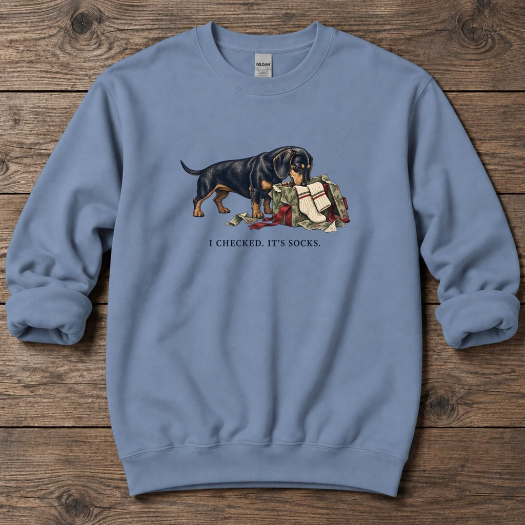 I Checked It's Socks Dachshund Midweight Sweatshirt in Stone Blue, Salty Paws Midweight Sweatshirt, front design flat lay