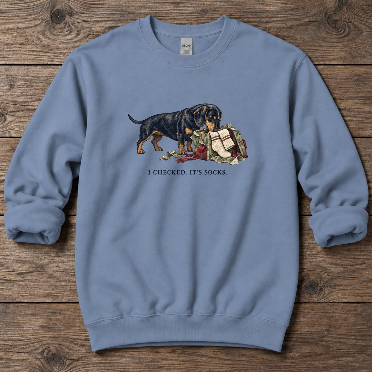 I Checked It's Socks Dachshund Midweight Sweatshirt in Stone Blue, Salty Paws Midweight Sweatshirt, front design flat lay