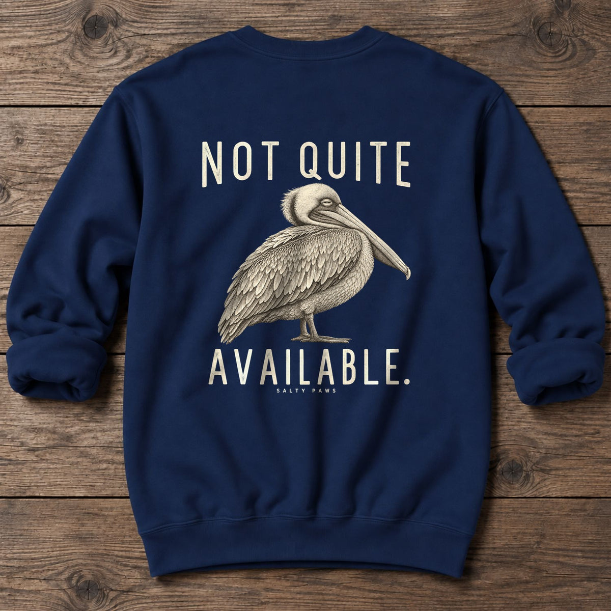 Not Quite Available Pelican Back Design Midweight Sweatshirt in Navy, Salty Paws Midweight Sweatshirt, back design flat lay
