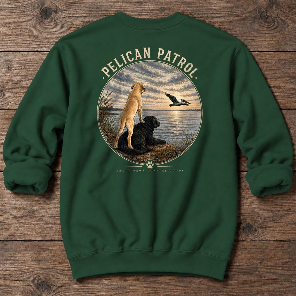Pelican Labradors Back Design Midweight Sweatshirt in Forest Green, Salty Paws coastal sweatshirt