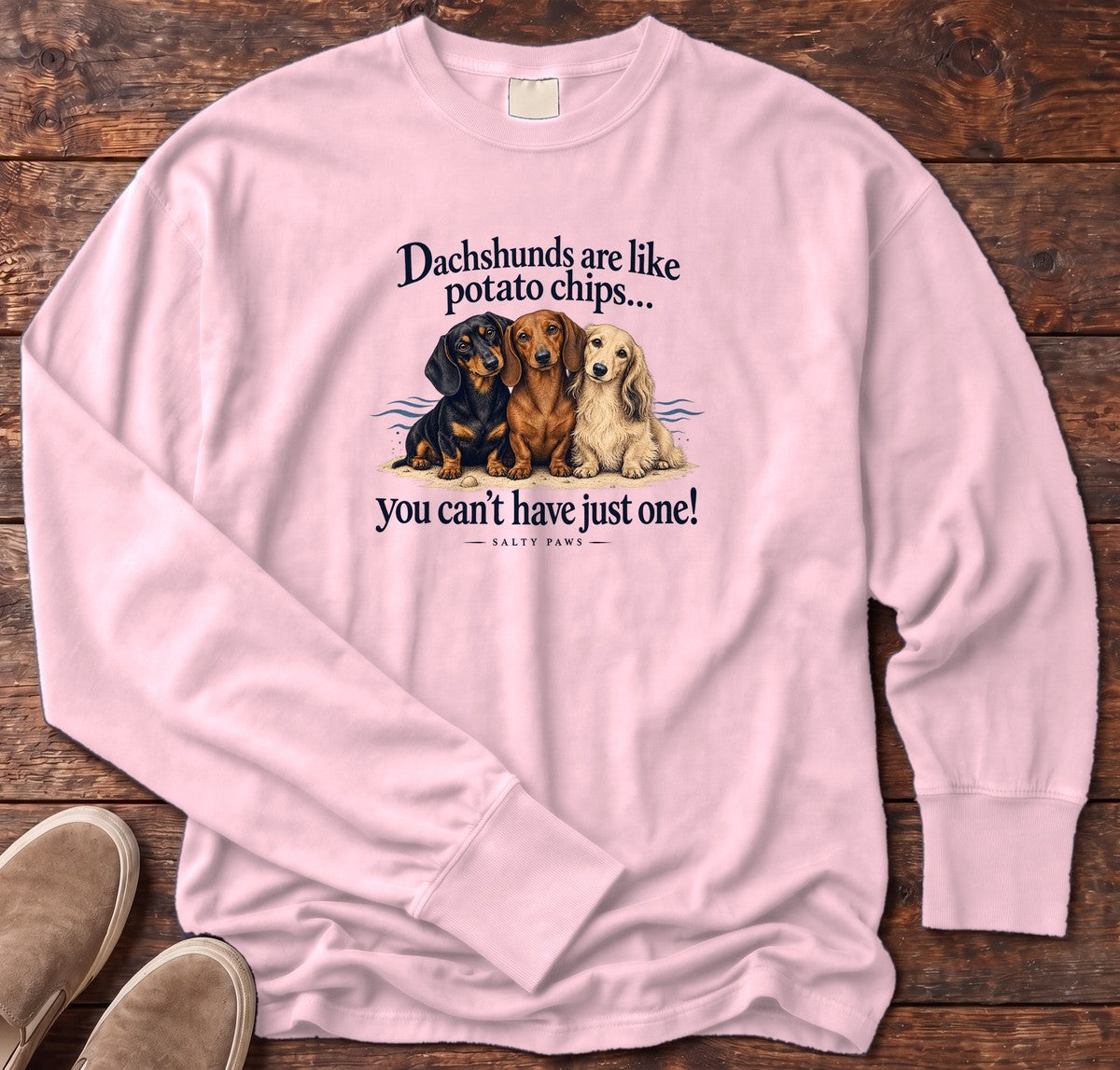 Three Dachshunds Potato Chips Long Sleeve Tee in Blossom, Salty Paws Comfort Colors Long Sleeve Tee, front design flat lay