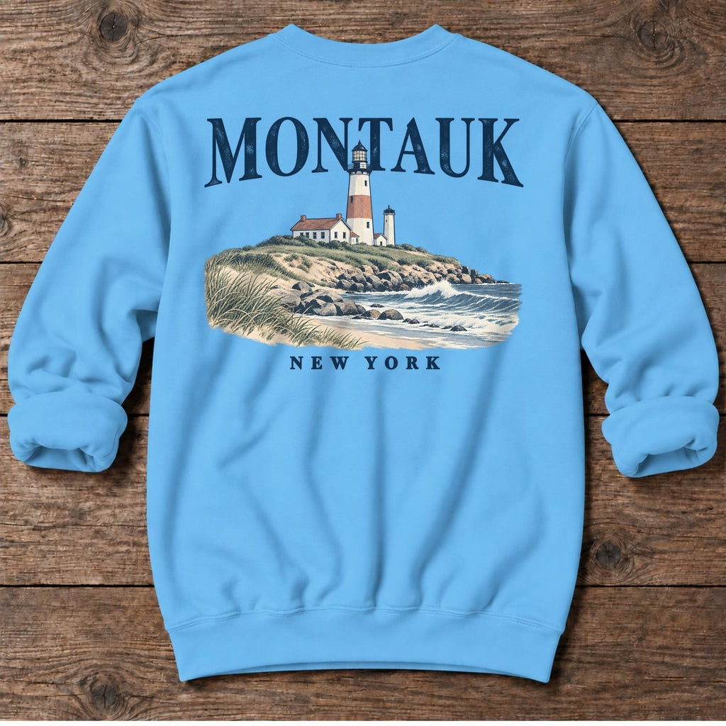 Montauk Lighthouse New York Back Design Midweight Sweatshirt in Sky, Salty Paws Midweight Sweatshirt, back design flat lay