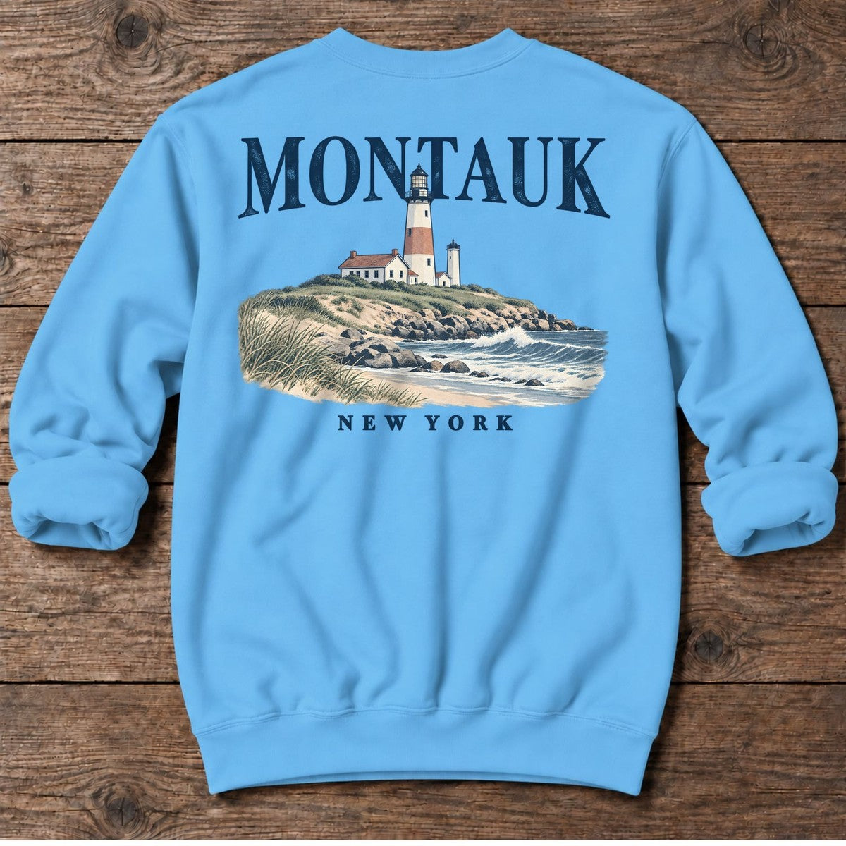 Montauk Lighthouse New York Back Design Midweight Sweatshirt in Sky, Salty Paws Midweight Sweatshirt, back design flat lay