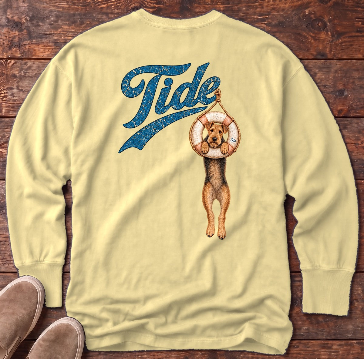 Tide Airedale Back Design Long Sleeve Tee in Butter, Salty Paws Comfort Colors long sleeve tee