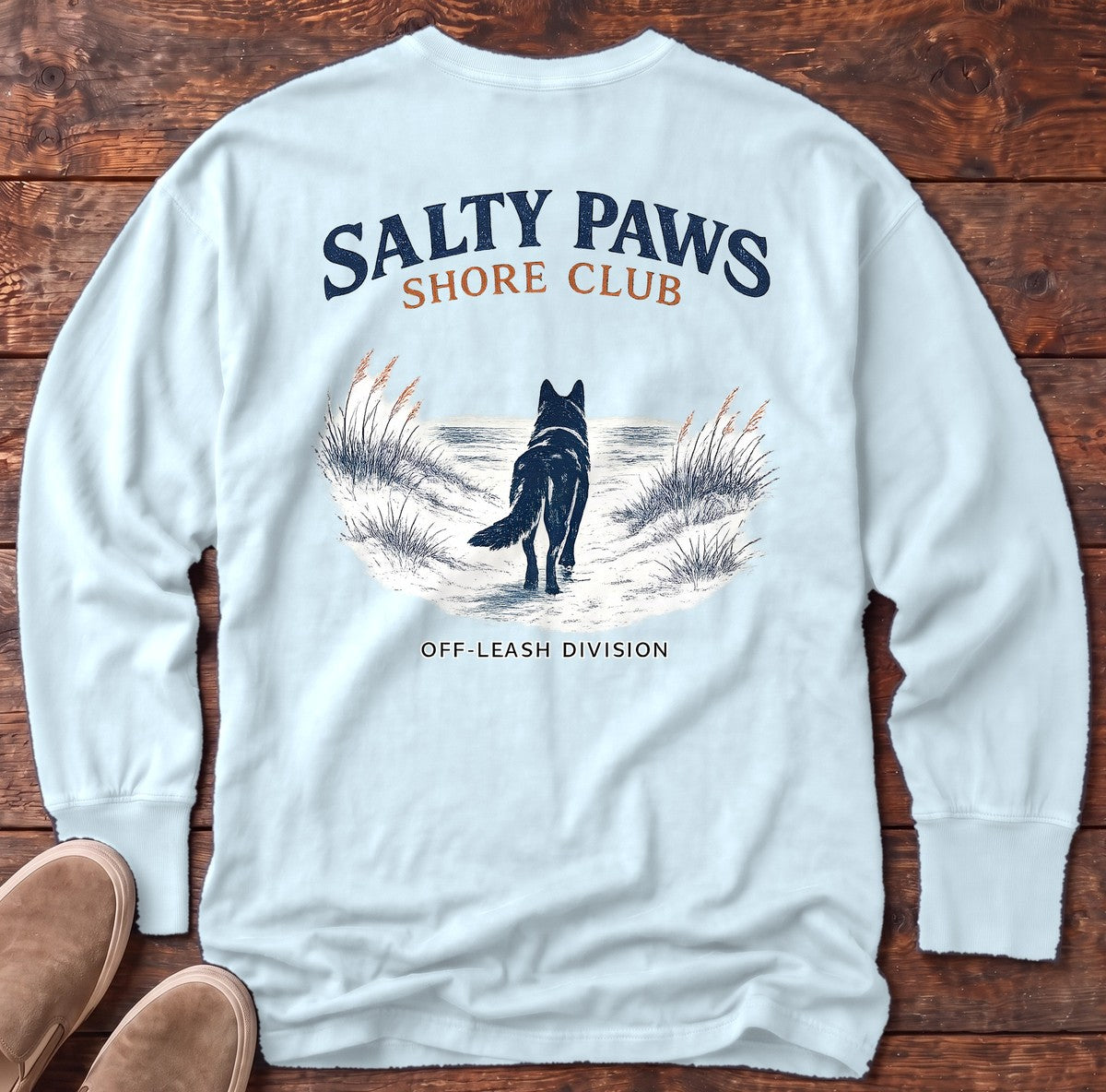 SP Shore Shepherd Back Design Long Sleeve Tee in Chambray, Salty Paws Comfort Colors long sleeve tee