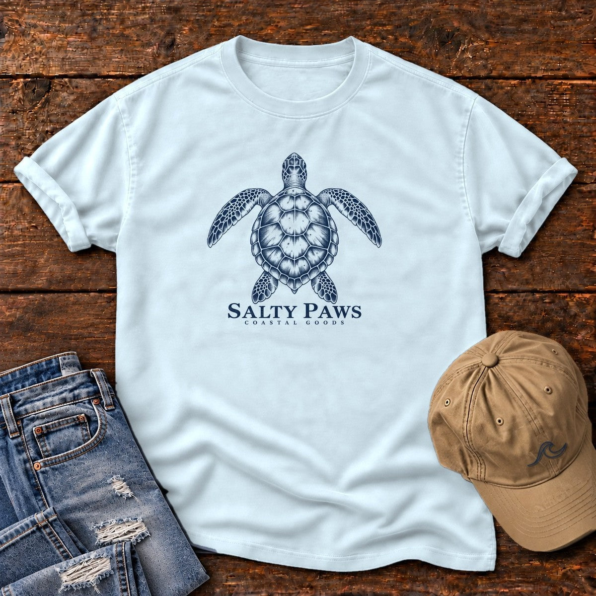 Sea Turtle Coastal Goods T-Shirt in Chambray, Salty Paws Comfort Colors T-Shirt, front design flat lay