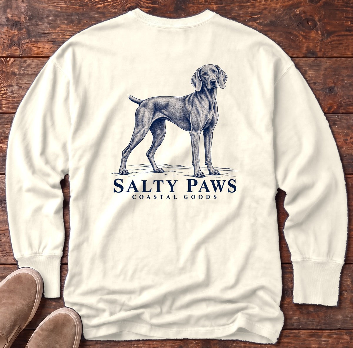 Weimaraner Coastal Goods Back Design Long Sleeve Tee in Ivory, Salty Paws Comfort Colors Long Sleeve Tee, back design flat lay