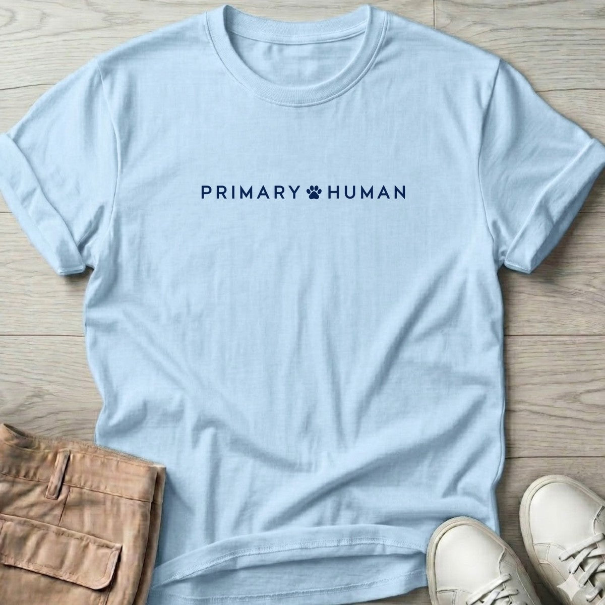 Primary Human T-Shirt in Light Blue, Salty Paws T-Shirt, front design flat lay
