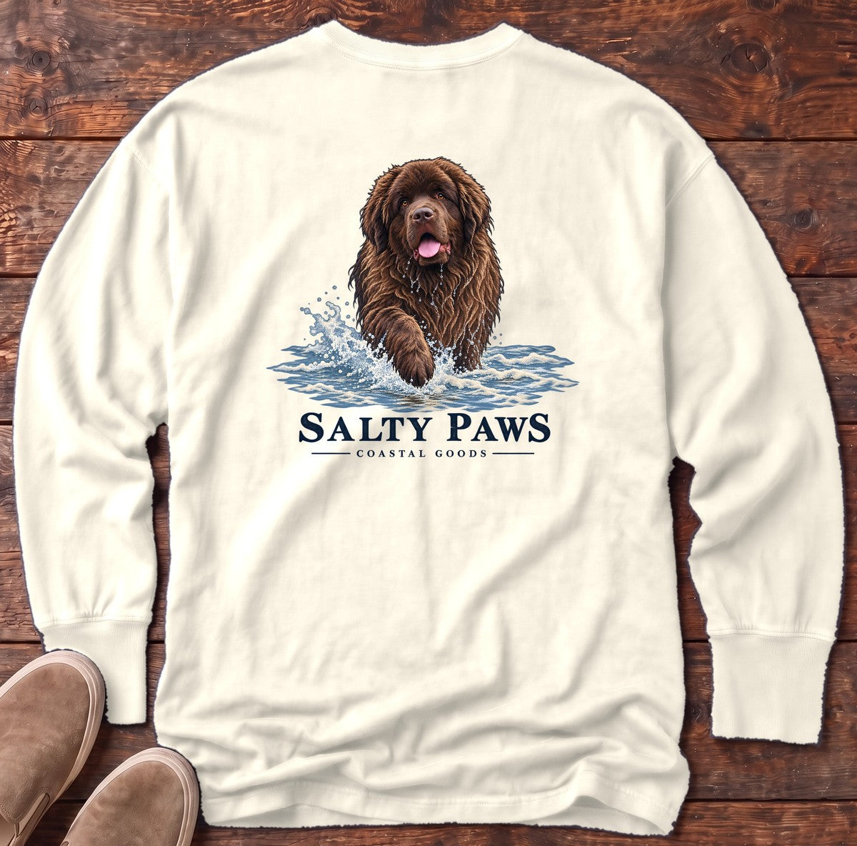 Brown Newfoundland Surf Back Design Long Sleeve Tee in Ivory, Salty Paws Comfort Colors Long Sleeve Tee, back design flat lay