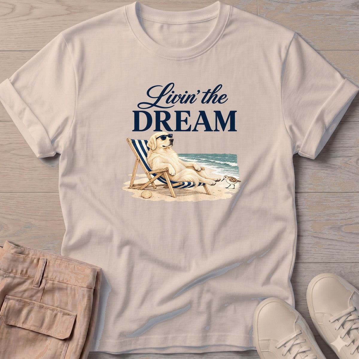 Livin' the Dream Cream Retriever T-Shirt in Sand, Salty Paws coastal t-shirt