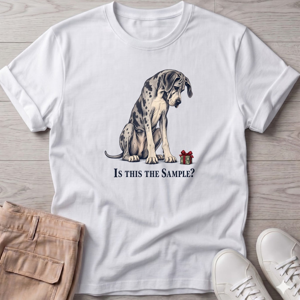 Is This the Sample Great Dane T-Shirt in White, Salty Paws T-Shirt, front design flat lay