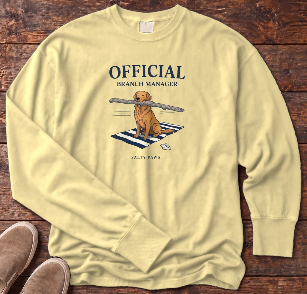 Official Branch Manager Golden Retriever Long Sleeve Tee in Butter, Salty Paws Comfort Colors long sleeve tee