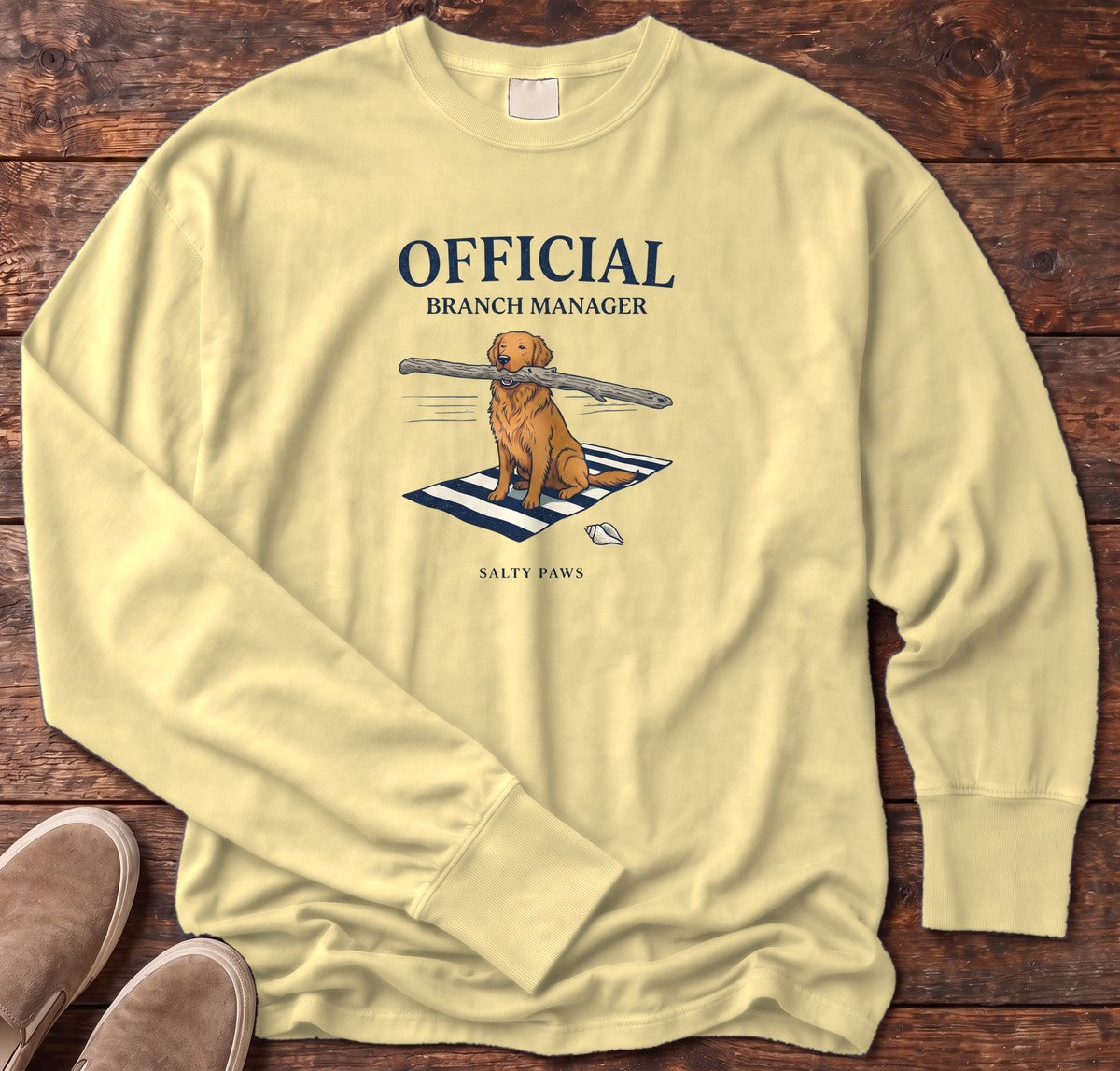 Official Branch Manager Golden Retriever Long Sleeve Tee in Butter, Salty Paws Comfort Colors long sleeve tee