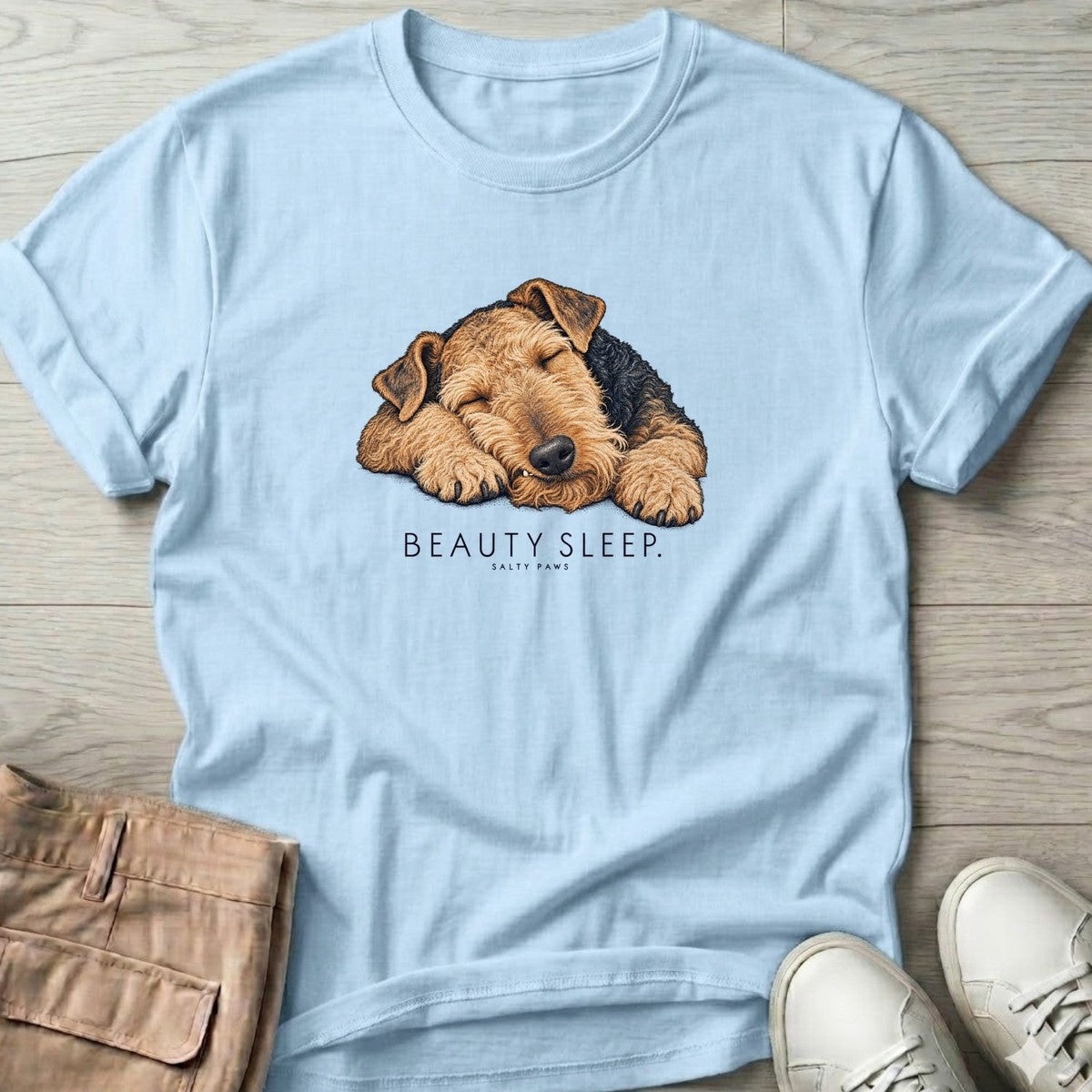 Beauty Sleep Airedale Terrier T-Shirt in Light Blue, Salty Paws T-Shirt, front design flat lay