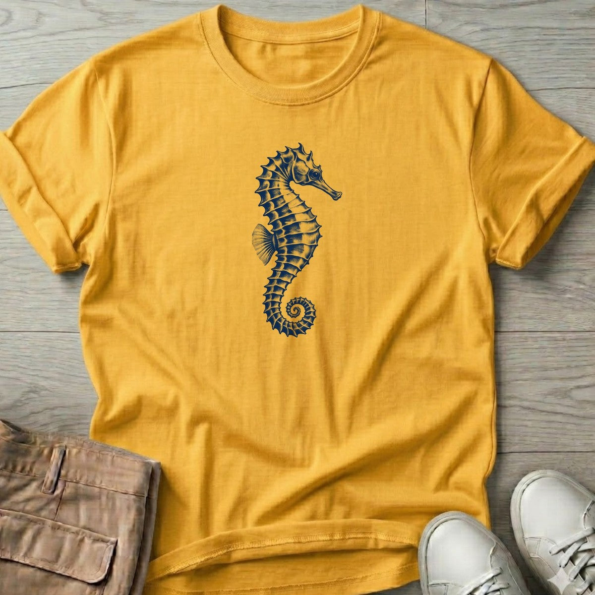 Navy Seahorse T-Shirt in Daisy, Salty Paws T-Shirt, front design flat lay